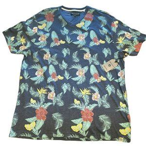FREE PLANET Big Tall Navy Hawaiian Palms Hibiscus Vneck Cotton Blend TShirt 4X